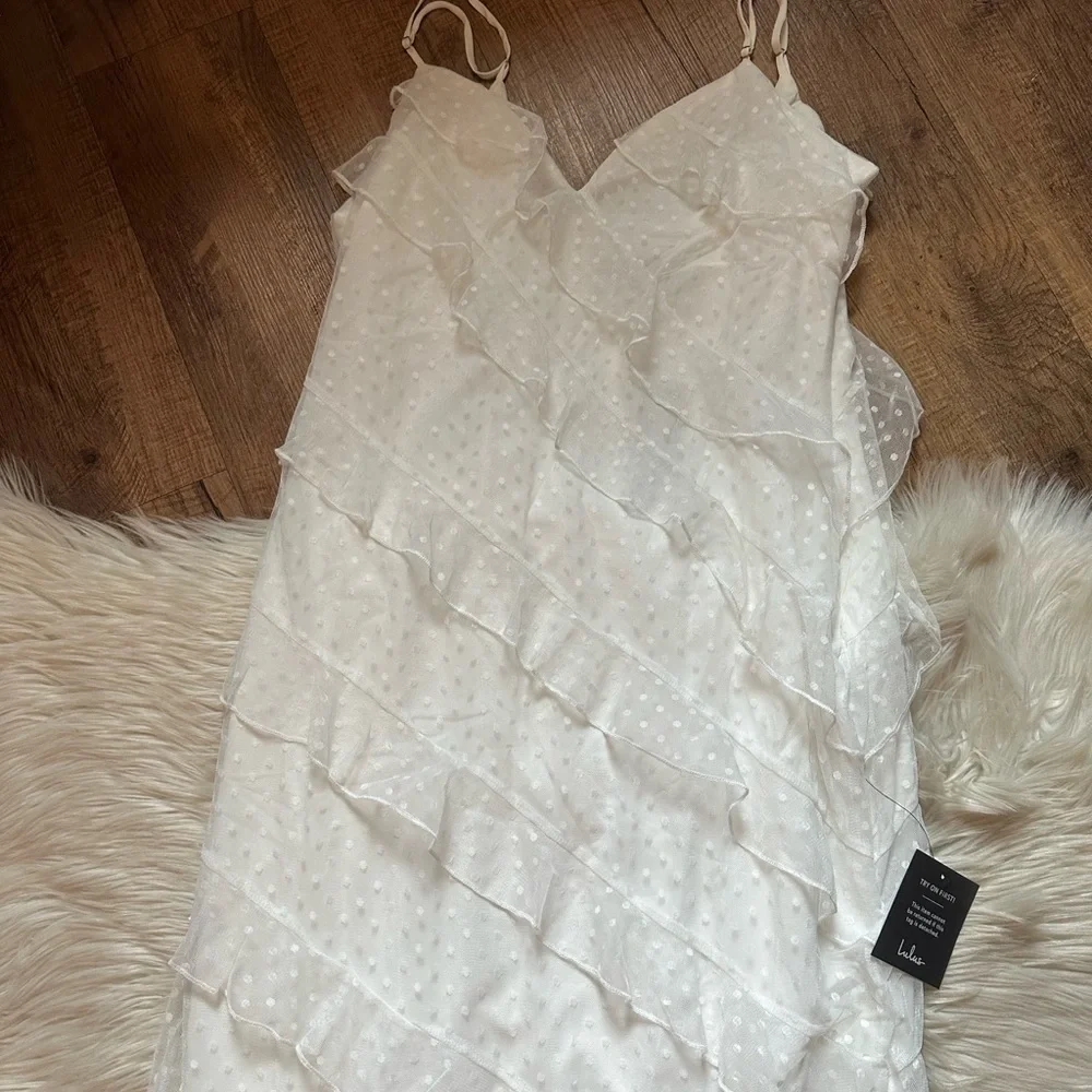 LULU’S More Than Gorgeous White Mesh Ruffled Swiss Dot Midi Dress - Picture 5 of 6
